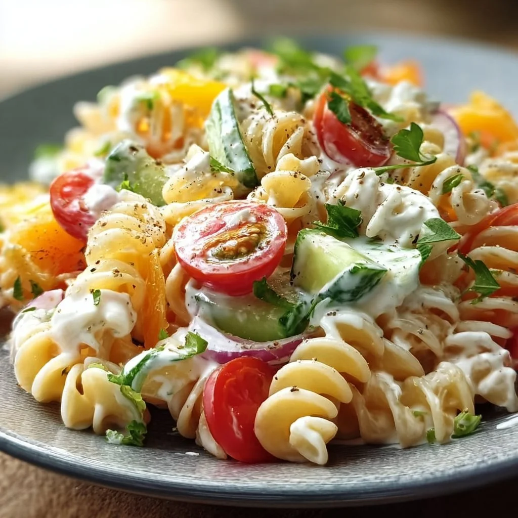 Leichter Nudelsalat mit frischem Gemüse und Joghurt-Dressing