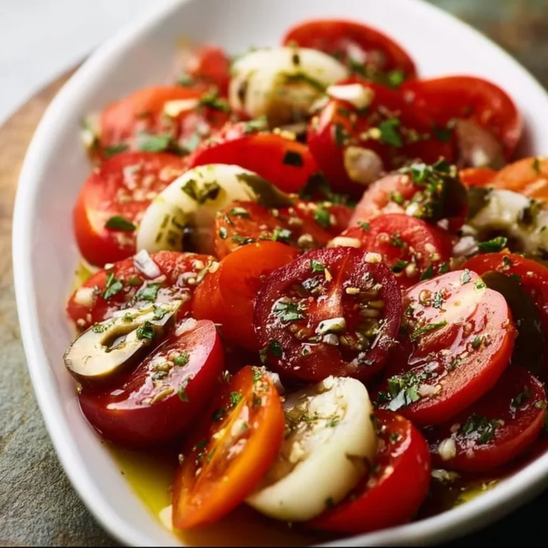 Schüssel mit mariniertem Tomatensalat, ideal für sommerliche Gerichte