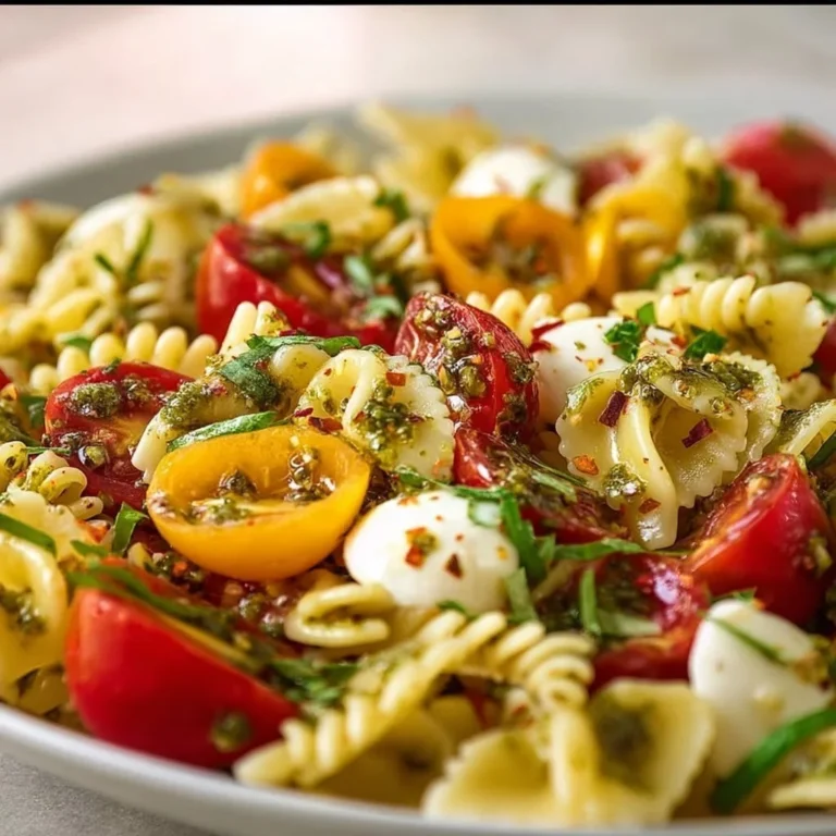 Mediterraner Nudelsalat mit Pesto auf einem Teller, angerichtet mit frischen Zutaten.