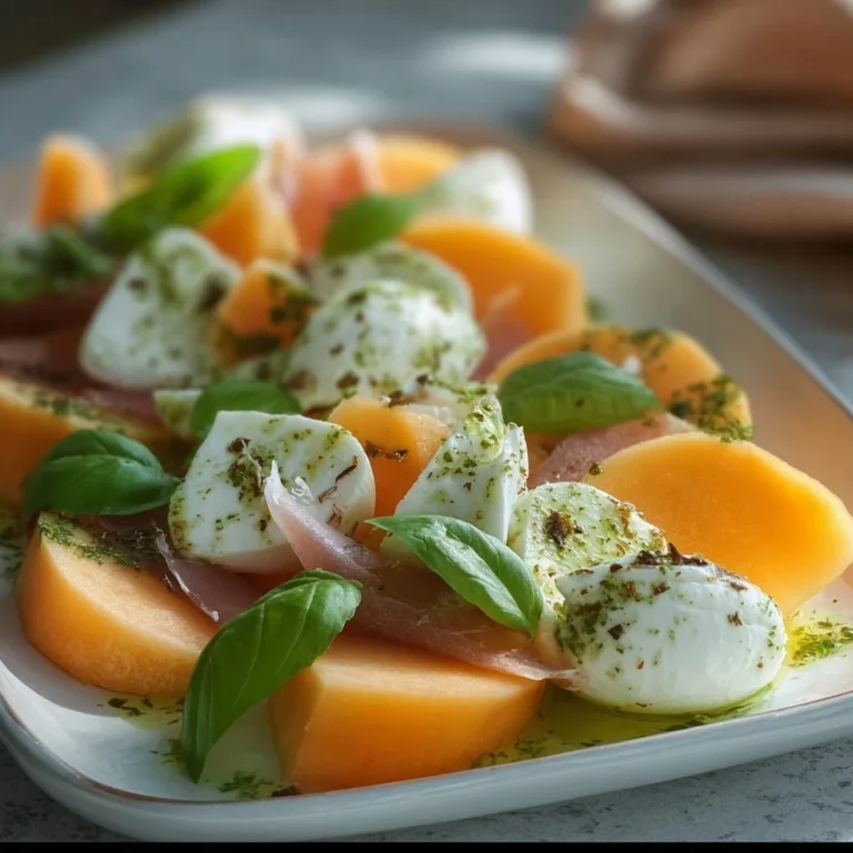 Frischer Melone Mozzarella Salat mit Basilikum und Balsamico-Dressing