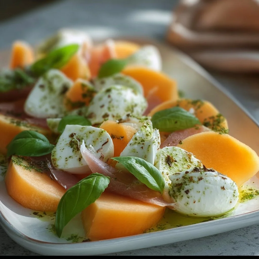 Frischer Melone Mozzarella Salat mit Basilikum und Balsamico-Dressing