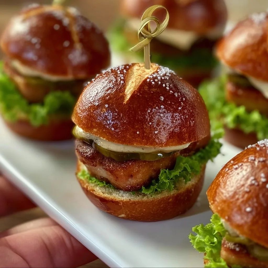 Mini Laugen Burger mit Leberkäse auf einem Teller serviert.