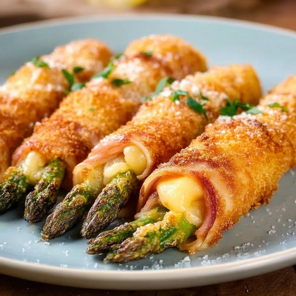 Paniertes Spargelröllchen mit Schinken und Käse auf einem Teller.