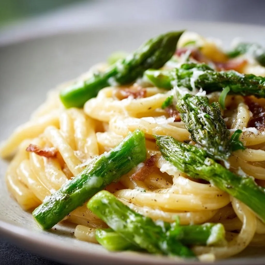 Pasta mit grünem Spargel auf einem Teller, garniert mit Parmesan und Kräutern