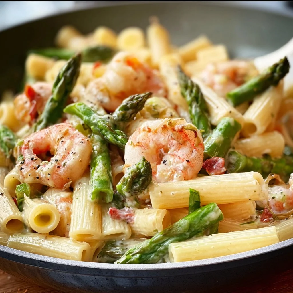 Pasta with green asparagus and shrimp