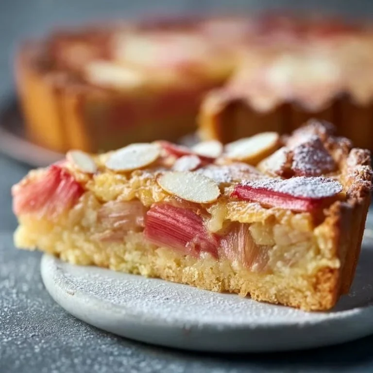 Rhabarber Tarte mit Mandelcreme auf einem Teller serviert