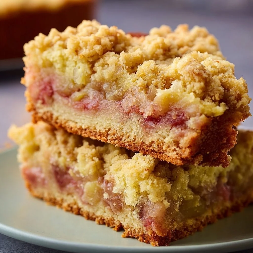Rhabarberkuchen mit Streusel auf einem Küchentisch, frisch gebacken