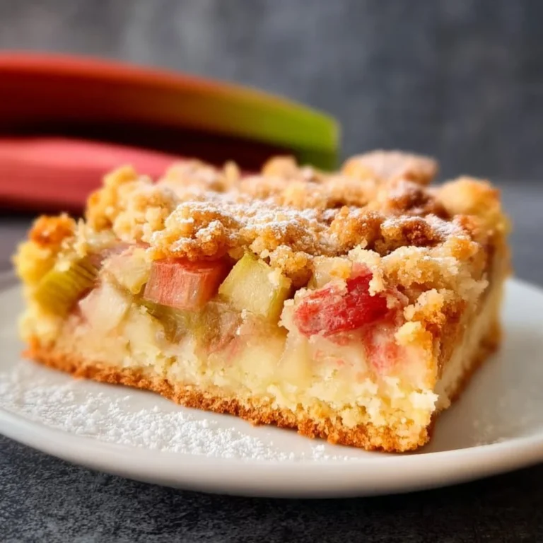 Rhabarberkuchen mit Streuseln auf einem weißen Telller