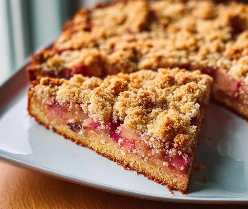 Leckerer Rhabarberkuchen mit knuspriger Streuselkruste auf einem Teller