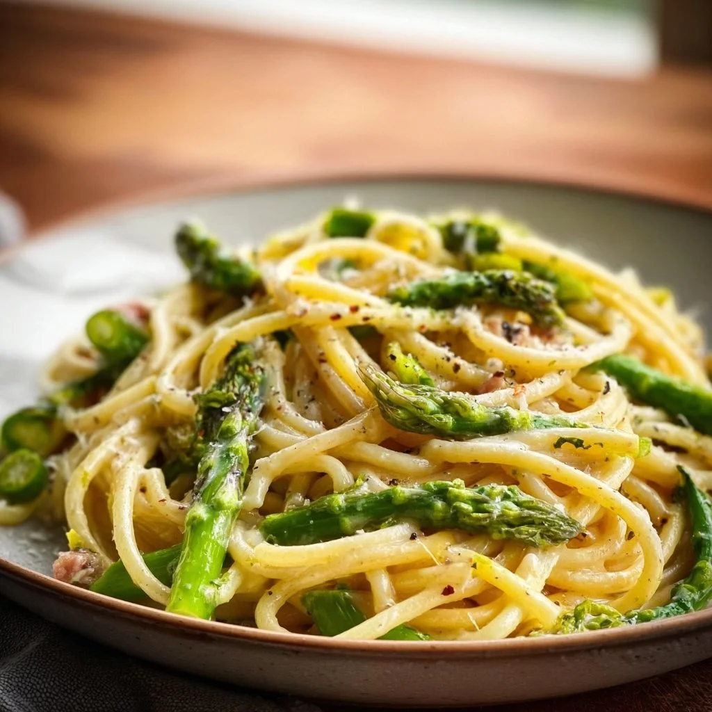 Schnelle und einfache Spargel Pasta mit frischem Gemüse und Sauce