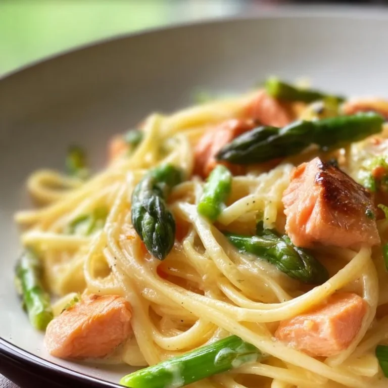Spaghetti mit Lachs und Spargel auf einem Teller.