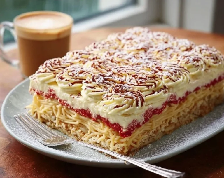 Leckerer Spaghettieis-Blechkuchen mit Sahne und Erdbeersoße