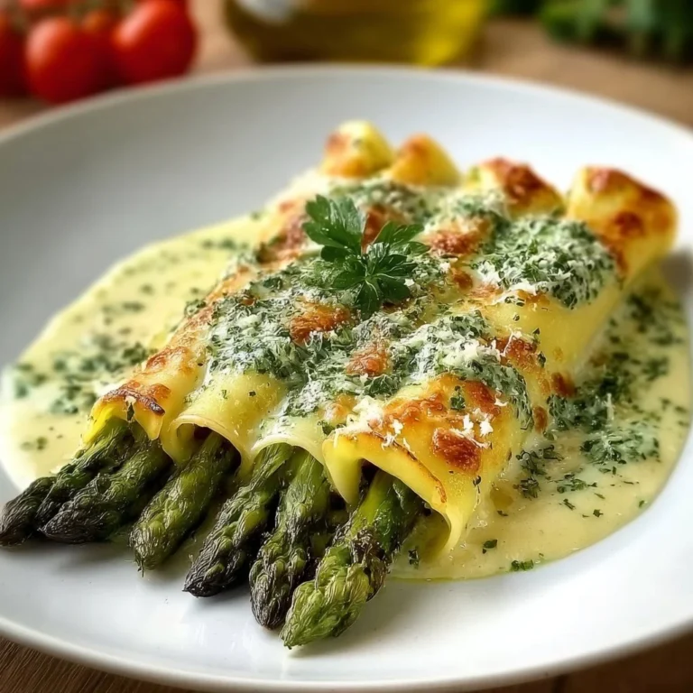 Spargel-Cannelloni mit frischer Kräutersauce auf einem weißen Teller
