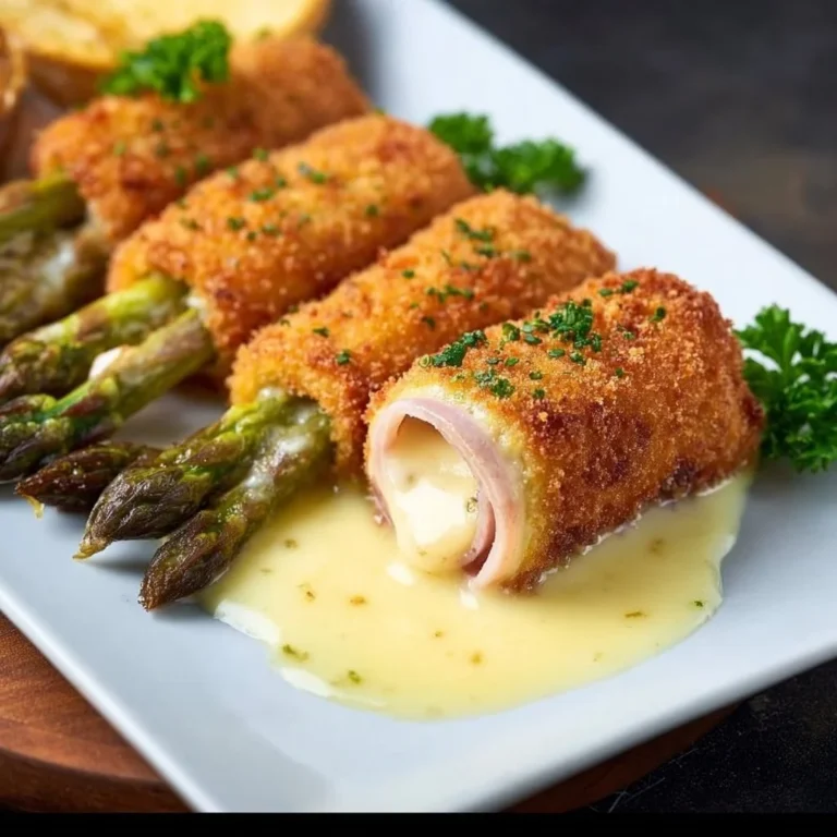 Spargel Cordon Bleu auf einem Teller angerichtet, serviert mit Beilagen.