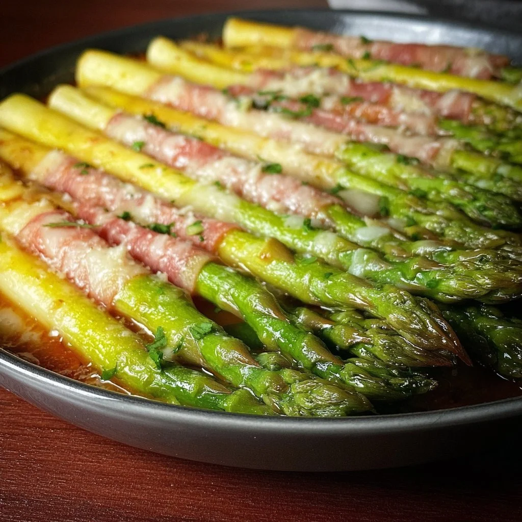Überbackener Spargel auf einem Teller, köstlich und gesund.
