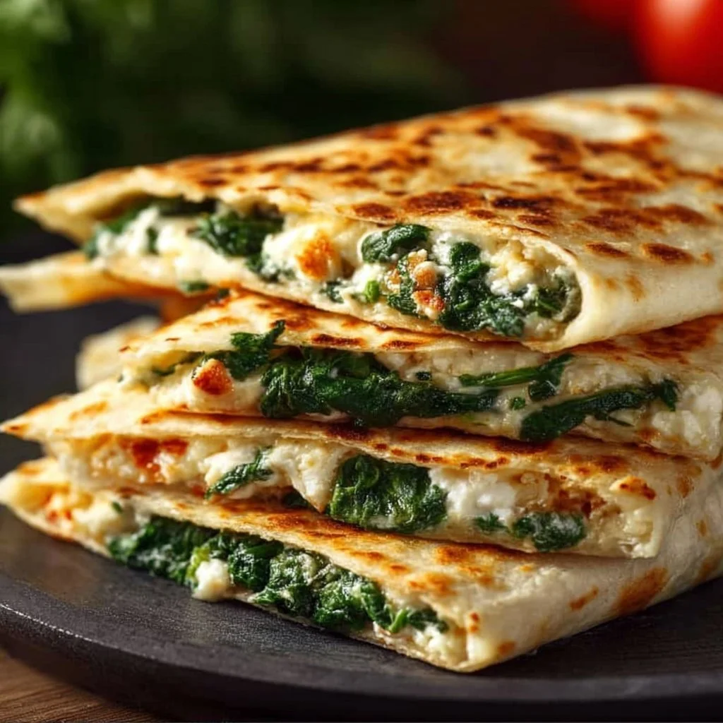 Leckere Spinat-Feta-Quesadillas auf einem Teller serviert.