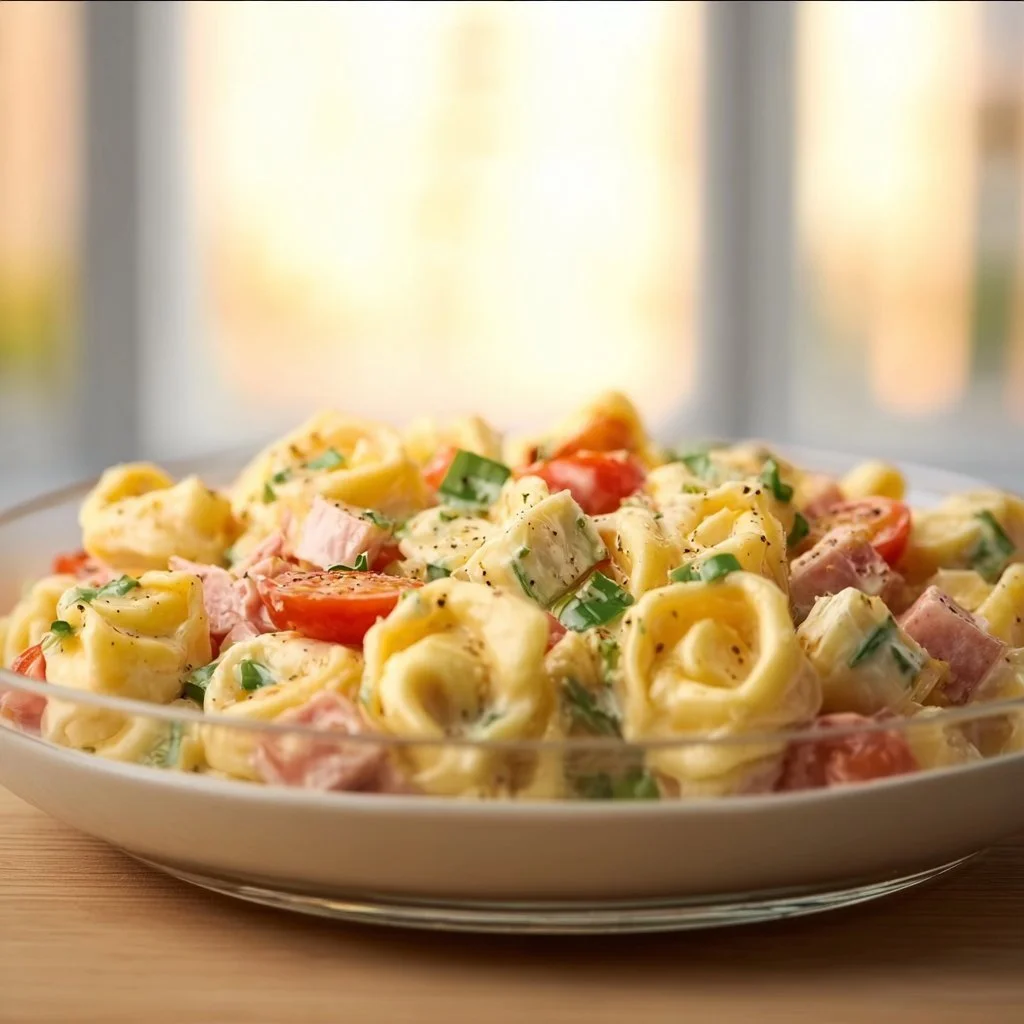 Bunter Tortellini-Salat mit frischem Gemüse und Dressing