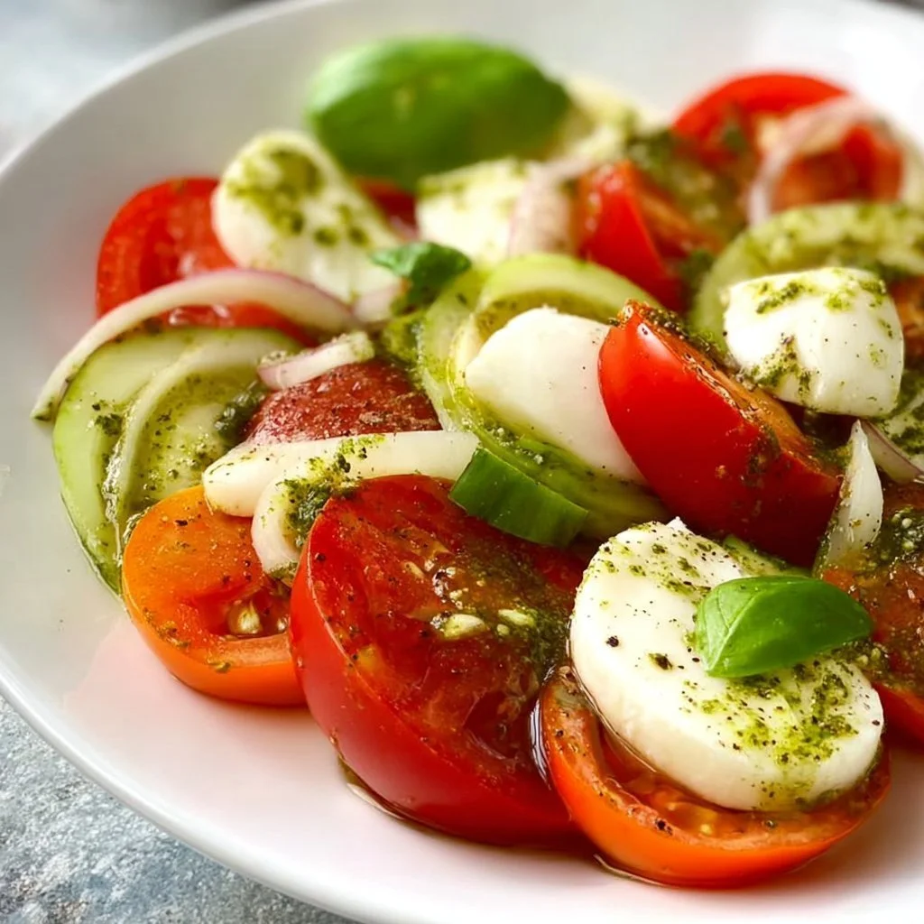 Tomaten Mozzarella Salat mit Pesto auf einem Teller serviert