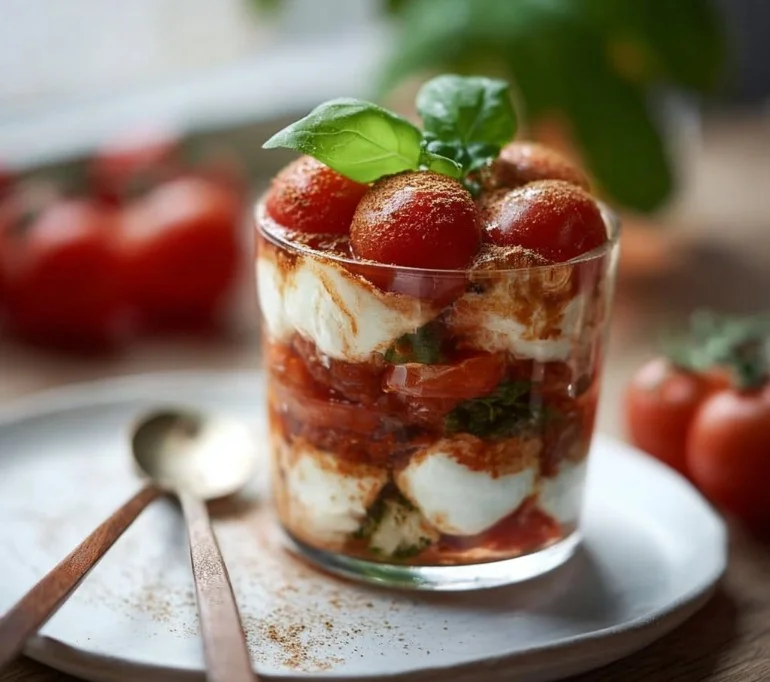 Tomaten-Mozzarella-Tiramisu im Glas, ein leckeres Rezept für Vorspeisen.