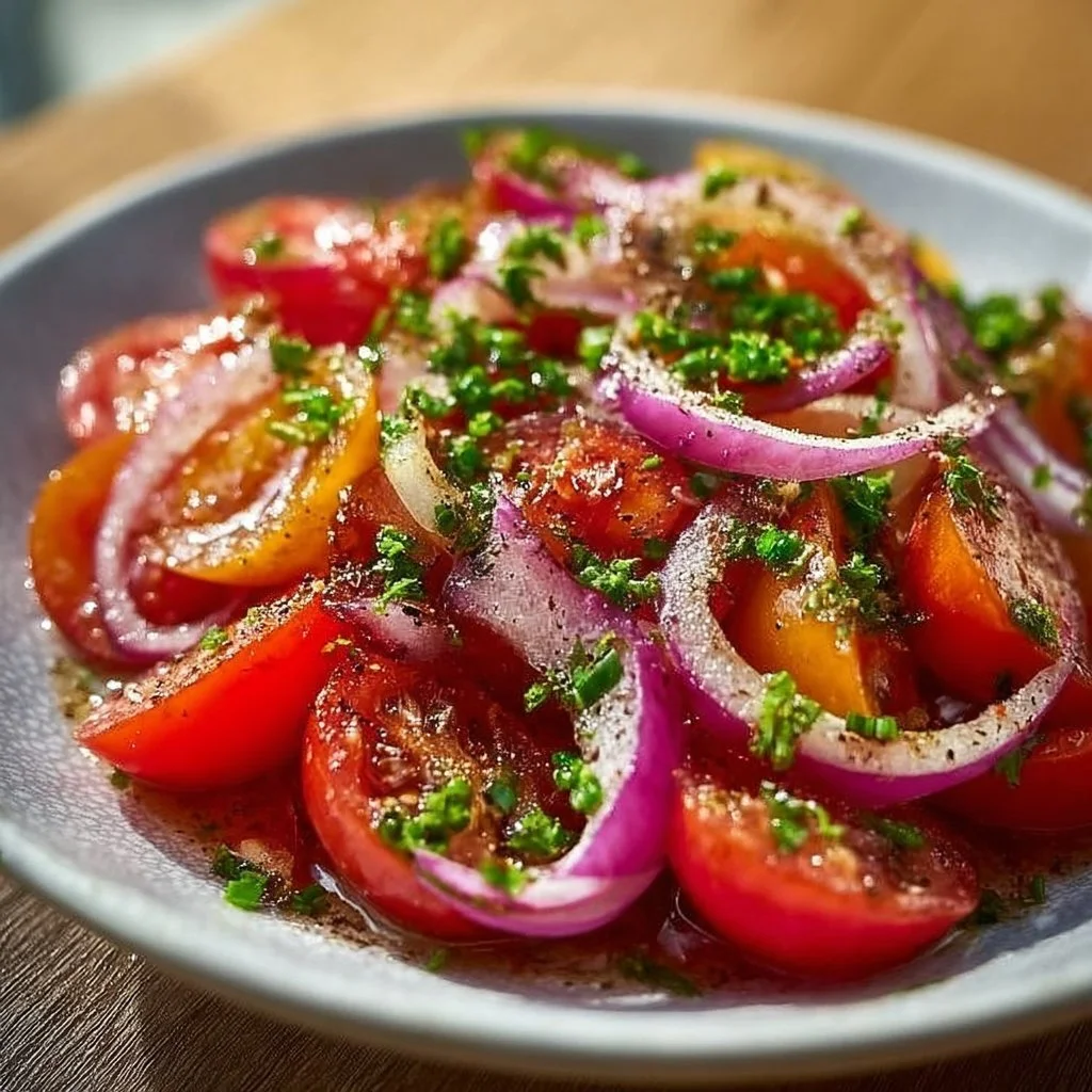 Frischer Tomatensalat mit Zwiebeln und Sumach-Dressing auf einem Teller