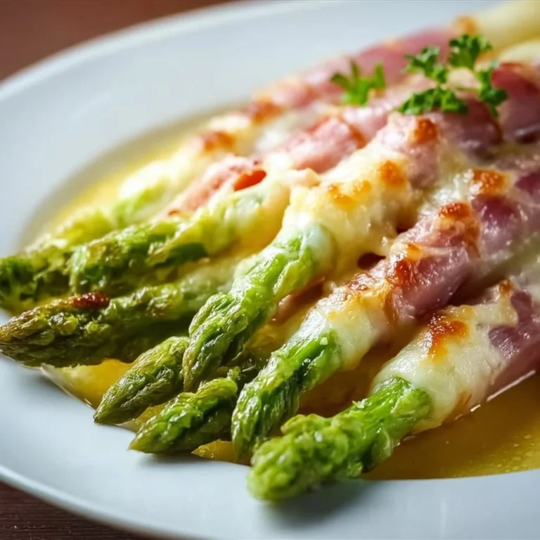 Überbackener Spargel mit Schinken und geschmolzenem Käse in einer Auflaufform