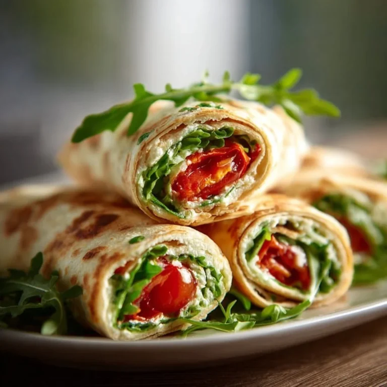 Vegetarische Wrap Röllchen mit Rucola und Tomaten auf einem Teller angerichtet