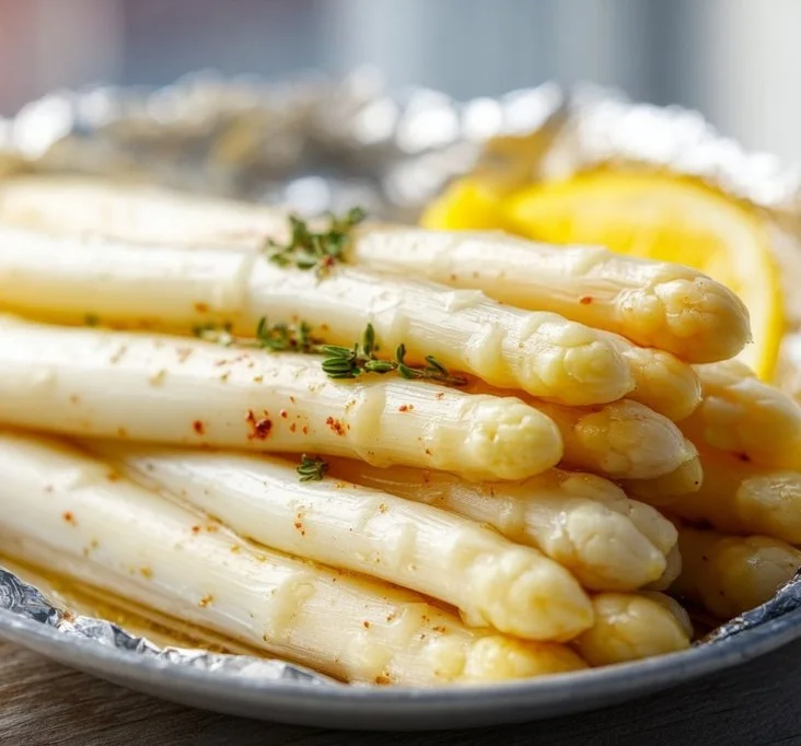 Gekochter weißer Spargel im Backofen mit Kräutern und Gewürzen